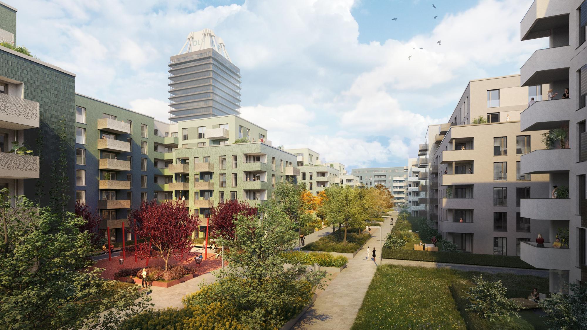 Neben dem Deutschlandfunk-Hochhaus in Marienburg entsteht das Quartier „Die Welle“.