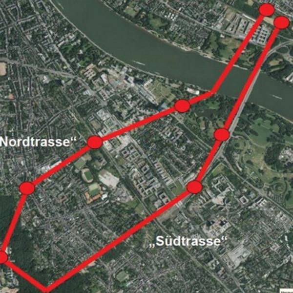 Eine Karte zeigt die geplante Trasse für das Seilbahnprojekt in Bonn.