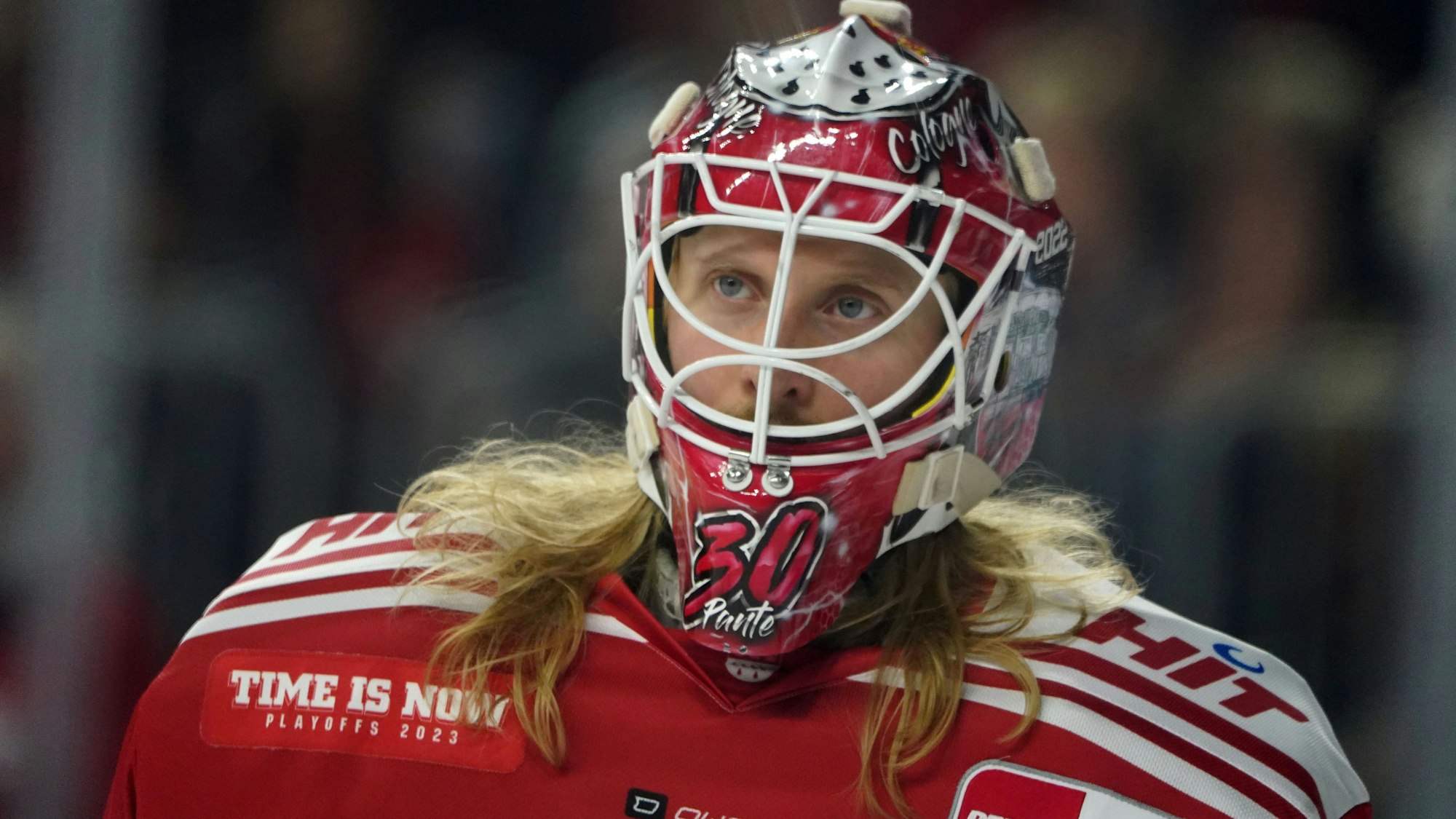 Mirko Pantkowski beim Viertelfinale der DEL-Playoffs am 26. März 2023 gegen die Adler Mannheim in der Lanxessarena.