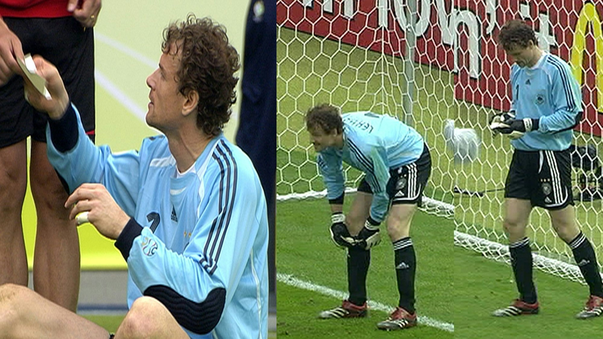 Die Bildkombo zeigt den deutschen Nationaltorhüter Jens Lehmann, wie er beim Elfmeterschießen gegen Argentinien im Viertelfinale der Fußball-WM in Deutschland auf einen Spickzettel von Torwarttrainer Andreas Köpke schaut.
