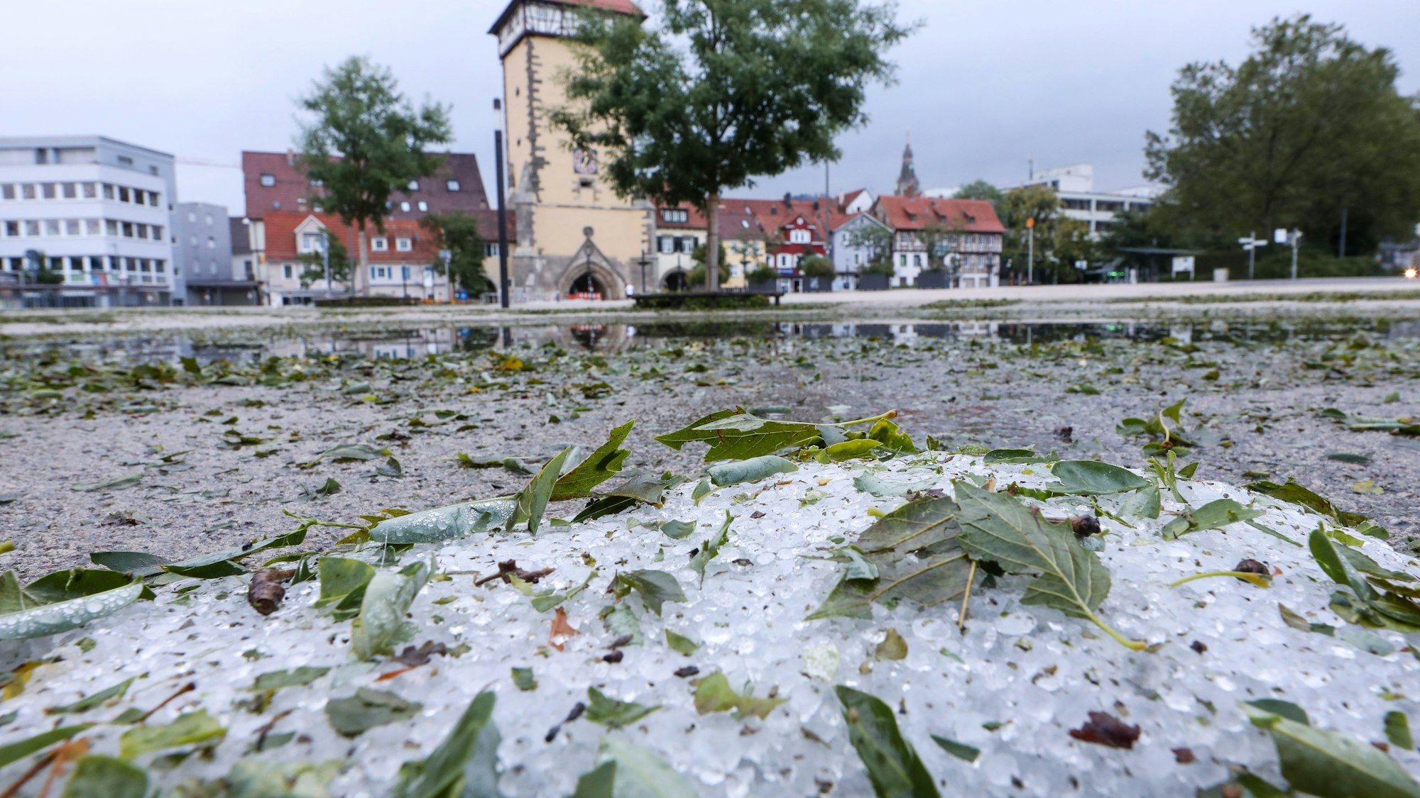 05.08.2023, Baden-Württemberg, Reutlingen: Hagelkörner und vom Sturm abgerissene Blätter liegen unterhalb des "Tübinger Tor" in Reutlingen auf dem Boden. Am Vortag ist ein Uwetter mit Regen und Hagel über die Stadt gezogen. Foto: Thomas Warnack/dpa +++ dpa-Bildfunk +++