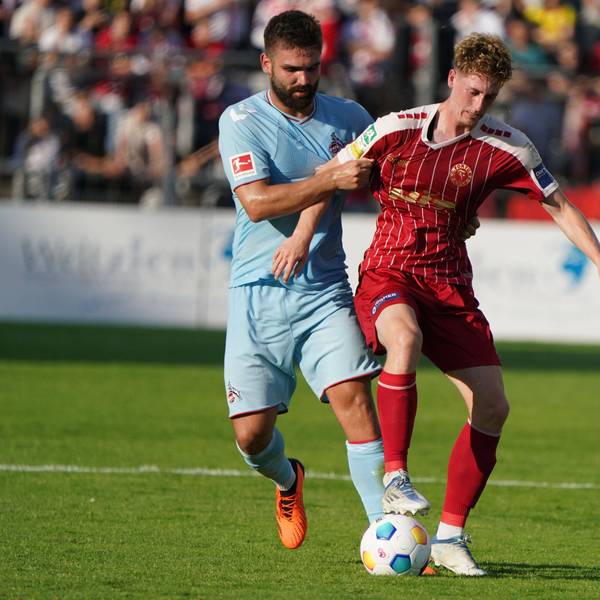 Fussball, Bundesliga, Saison 2023/2024, Testspiel Fortuna Köln-1.FC Köln, 28.07.2023, Südstadion Köln Nikola Soldo, FC Köln, Justin Steinkötter Fortuna Köln , *** Football, Bundesliga, season 2023 2024, test match Fortuna Köln 1 FC Köln, 28 07 2023, Südstadion Köln Nikola Soldo, FC Köln, Justin Steinkötter Fortuna Köln ,