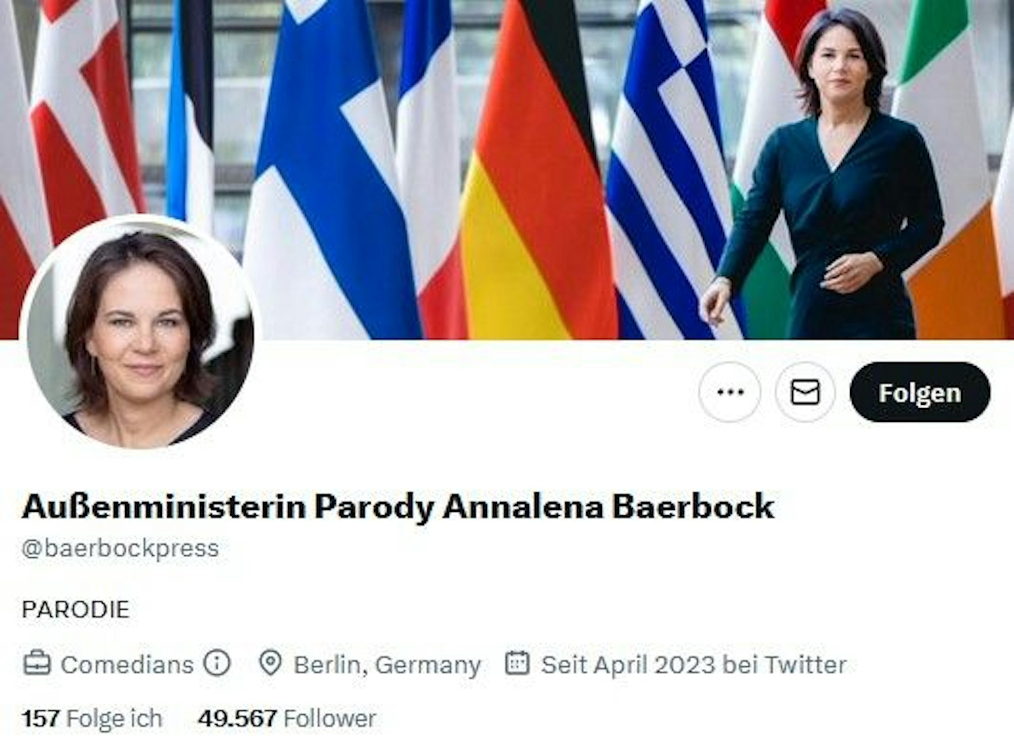 Mittlerweile ist der Parodie-Account deutlich als Parodie gekennzeichnet. Zuvor sah er dem echten Account von Außenministerin Annalena Baerbock täuschend ähnlich.