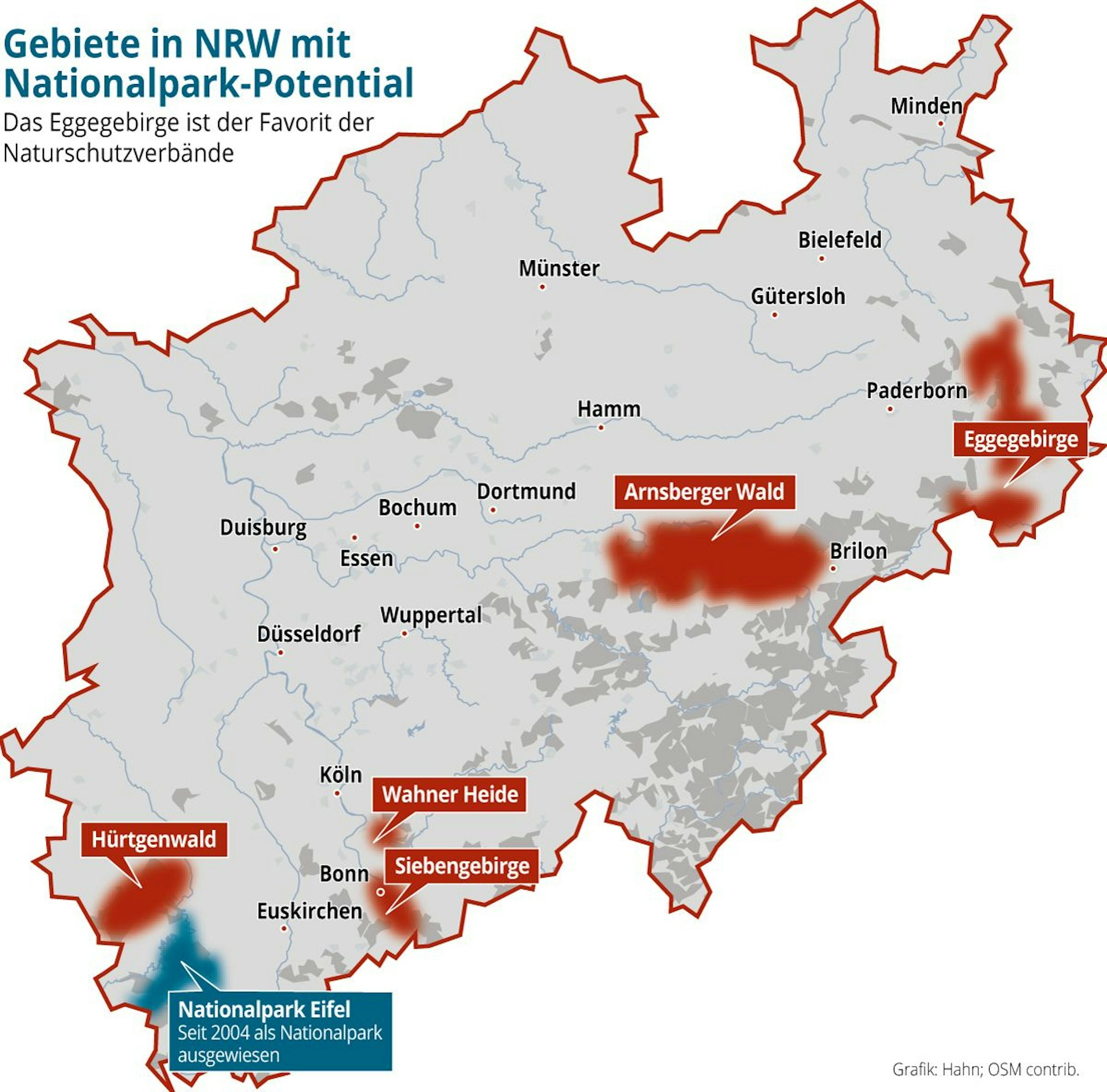 Die NRW-Karte zeigt einige rot markierte Gebiete, die sich für Nationalparke eignen würden.