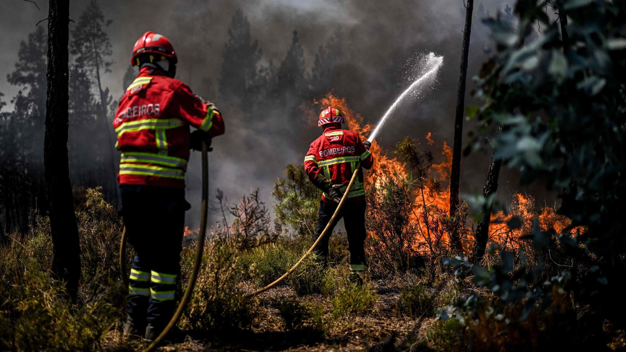 TOPSHOT - Firefighters battle a wildfire in Carrascal, Proenca a Nova on August 6, 2023. More than 1,000 firefighters battled a wildfire in central Portugal today as officials warned that thousands of hectares were at risk amid soaring temperatures across the country. (Photo by Patricia DE MELO MOREIRA / AFP)