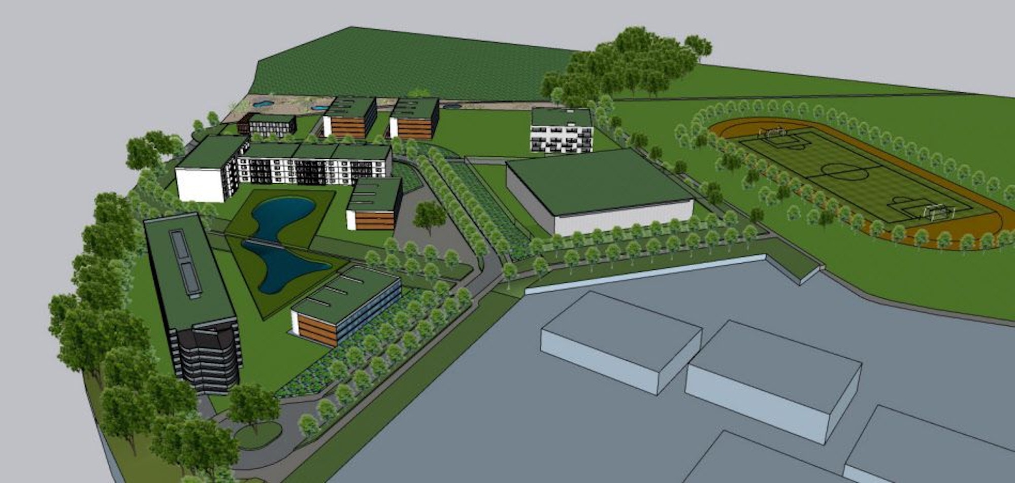 Blick auf die Planungen für das neue DLR-Gelände mit einem Teich, um den die Gebäude herum gruppiert sind.