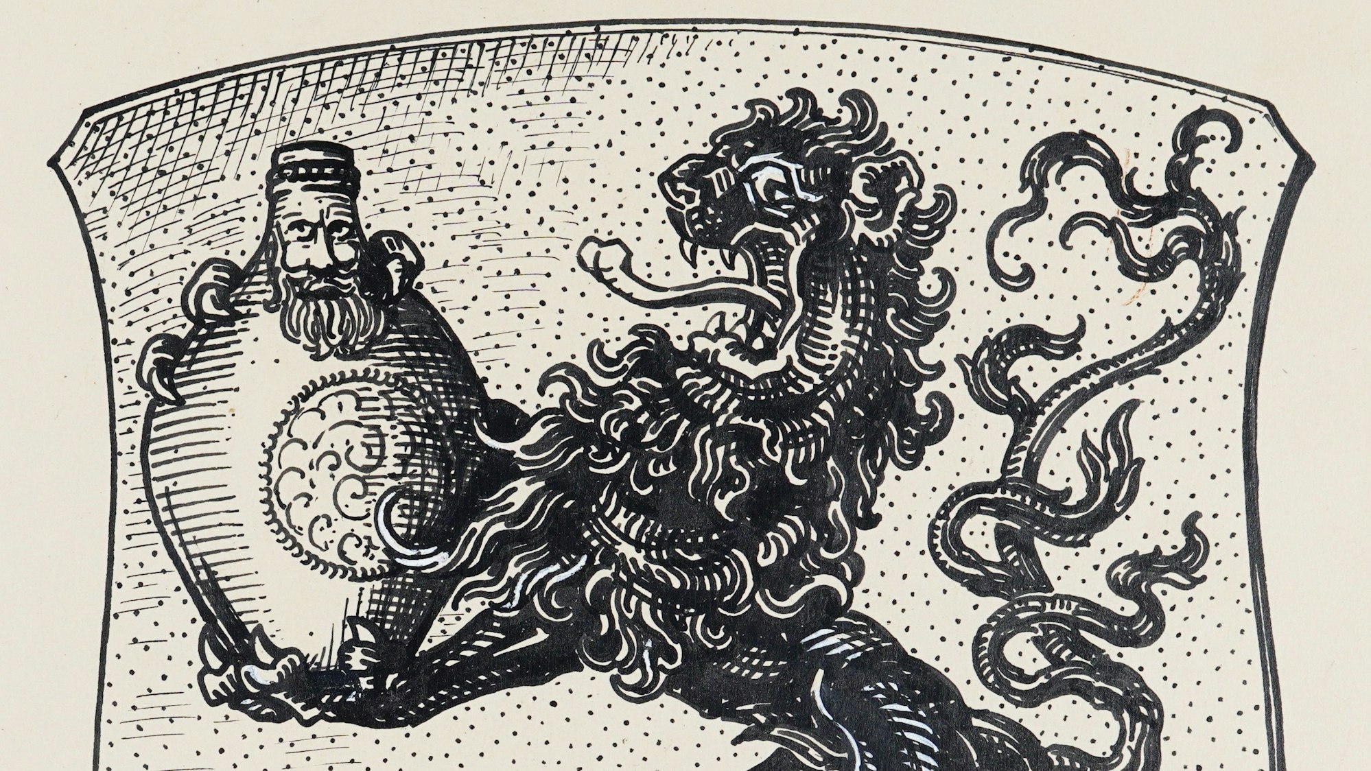 Eine alte Zeichnung zeigt einen Löwen, der einen Bartmannskrug hält.