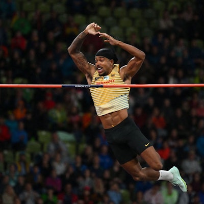 Germany's Bo Kanda Lita Baehre competes in the men's Pole Vault final during the European Athletics Championships at the Olympic Stadium in Munich, southern Germany on August 20, 2022. (Photo by ANDREJ ISAKOVIC / AFP)