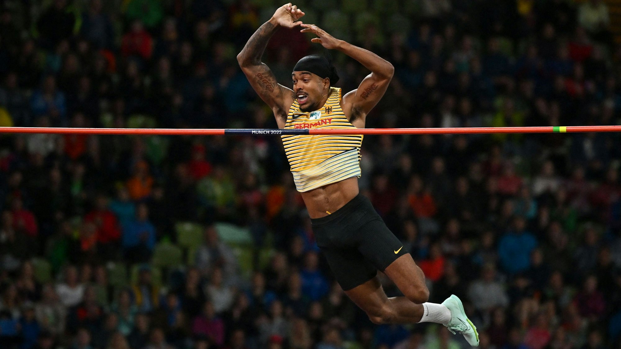 Germany's Bo Kanda Lita Baehre competes in the men's Pole Vault final during the European Athletics Championships at the Olympic Stadium in Munich, southern Germany on August 20, 2022. (Photo by ANDREJ ISAKOVIC / AFP)