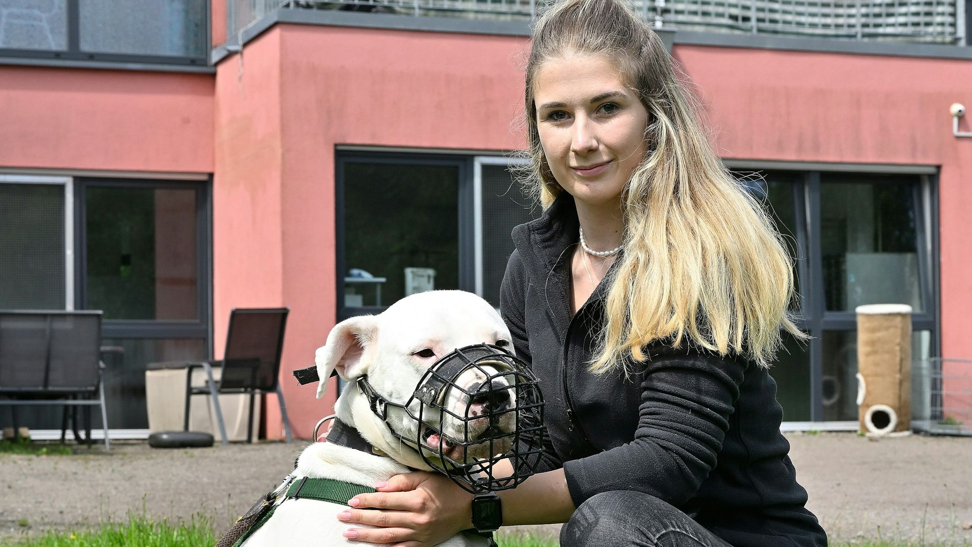 Auf der Wiese vor dem Kürtener Tierheim kniet die neue Leiterin Chiara Zimmermann mit dem Dogo Argentino Coco neben sich.