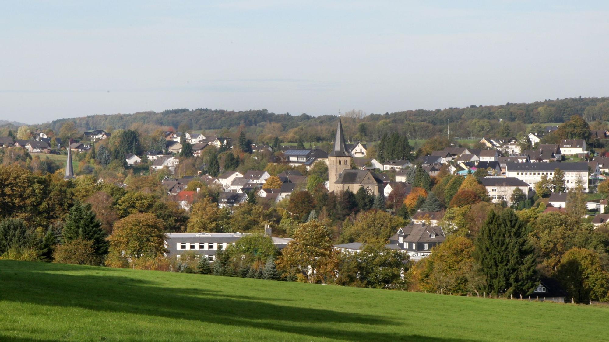 Blick auf ein kleines Dorf im Grünen