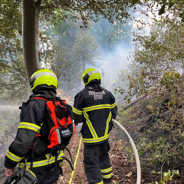 Waldbrand auf 8000 Quadratmetern oberhalb der Asbacher Straße, 110 Feuerwehrleute bekämpften die Flammen.