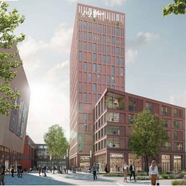 Der Entwurf mit einem Hochhaus-Hotel links und den Häusern mit Mischnutzung rechts.