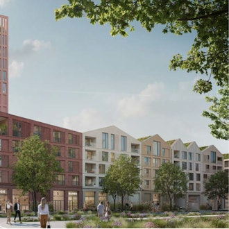 Der Entwurf mit einem Hochhaus-Hotel links und den Häusern mit Mischnutzung rechts.