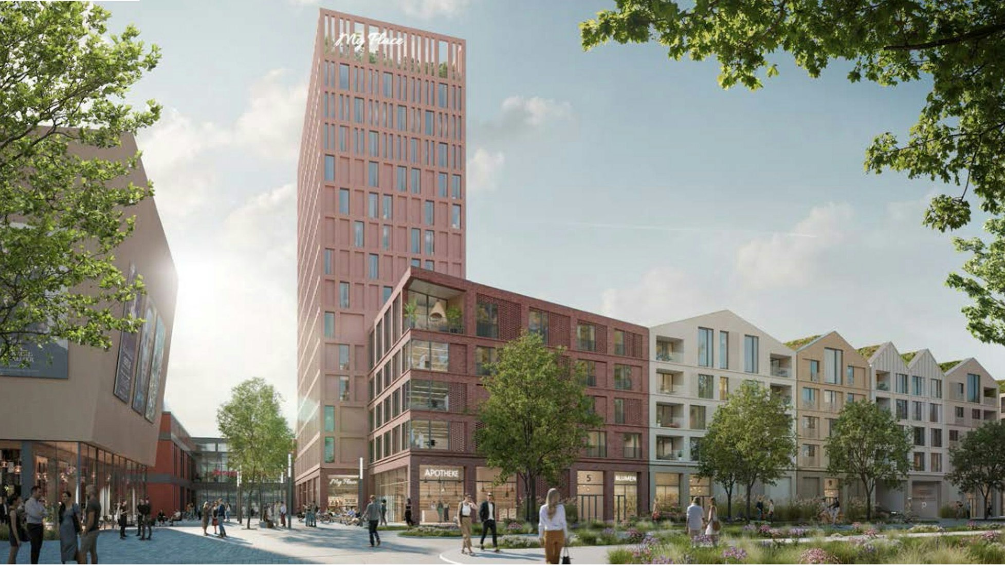 Der Entwurf mit einem Hochhaus-Hotel links und den Häusern mit Mischnutzung rechts.