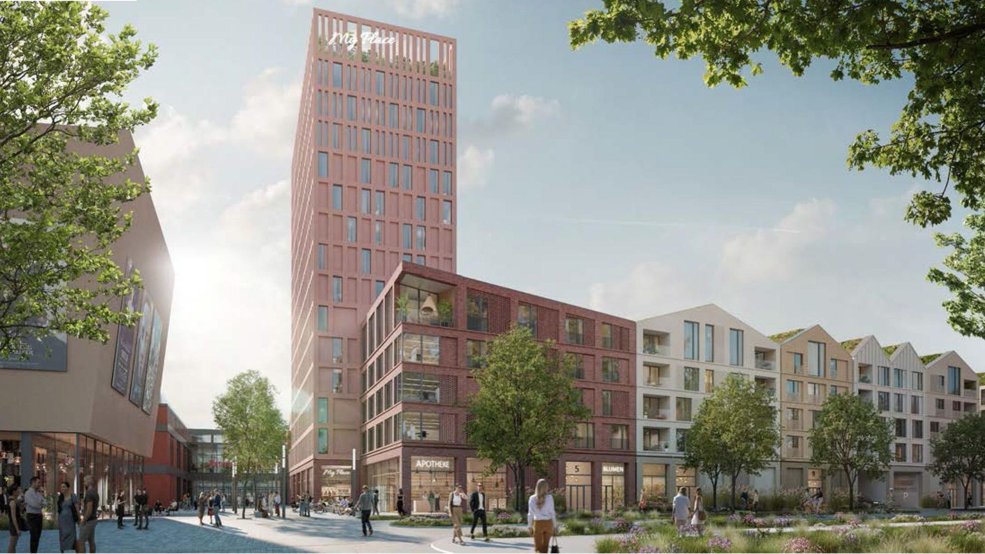 Der Entwurf mit einem Hochhaus-Hotel links und den Häusern mit Mischnutzung rechts.