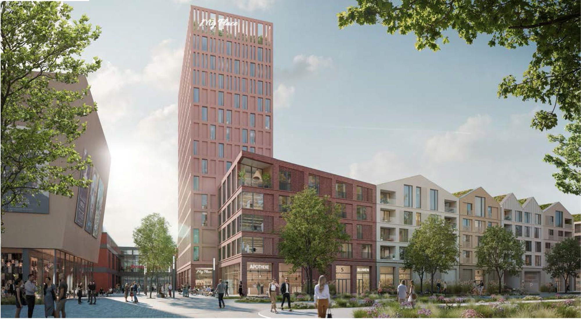 Der Entwurf mit einem Hochhaus-Hotel links und den Häusern mit Mischnutzung rechts.. Foto: Wöhlerstraße-Entwurf Wettbewerb