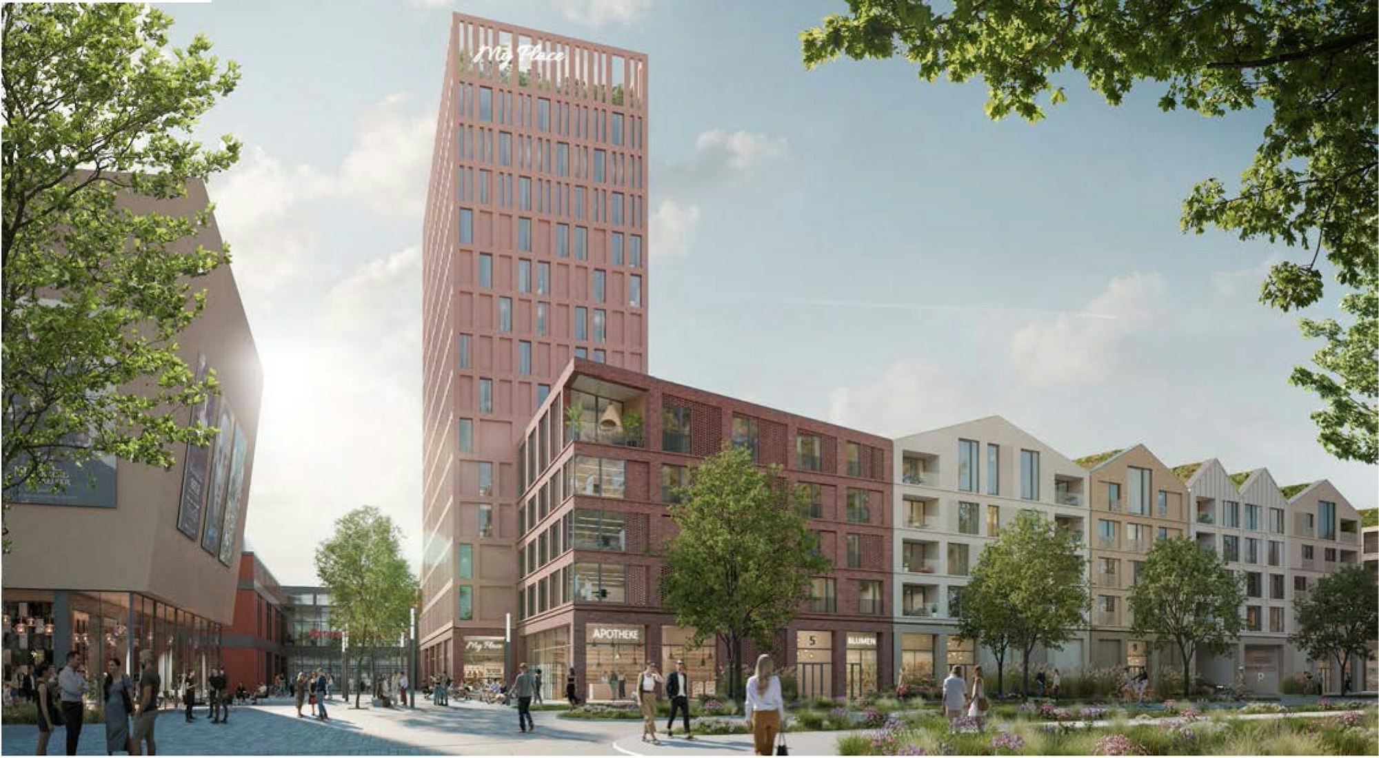 Der Entwurf mit einem Hochhaus-Hotel links und den Häusern mit Mischnutzung rechts.. Foto: Wöhlerstraße-Entwurf Wettbewerb