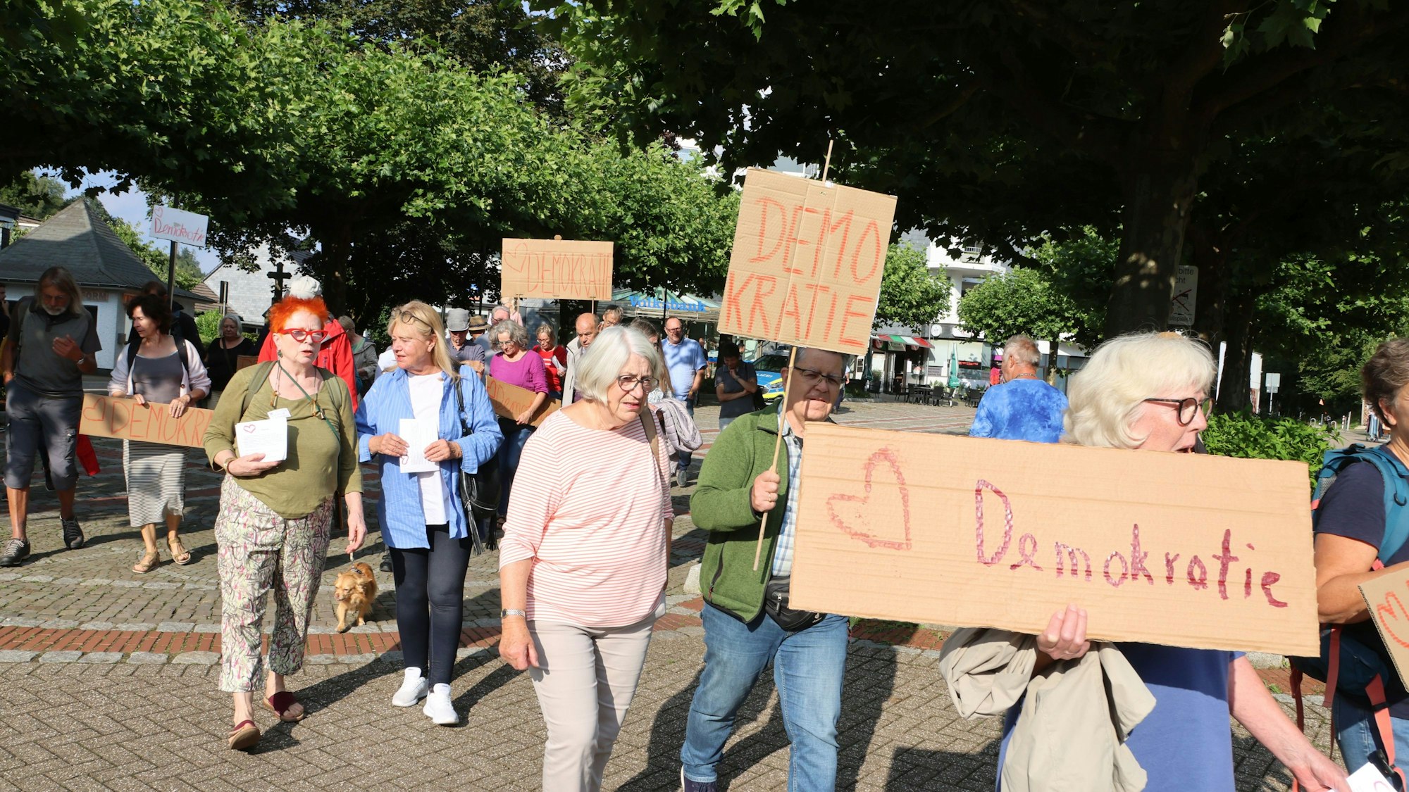 Teilnehmer einer Demonstration halten Schilder mit der Aufschrift „Demokratie“.