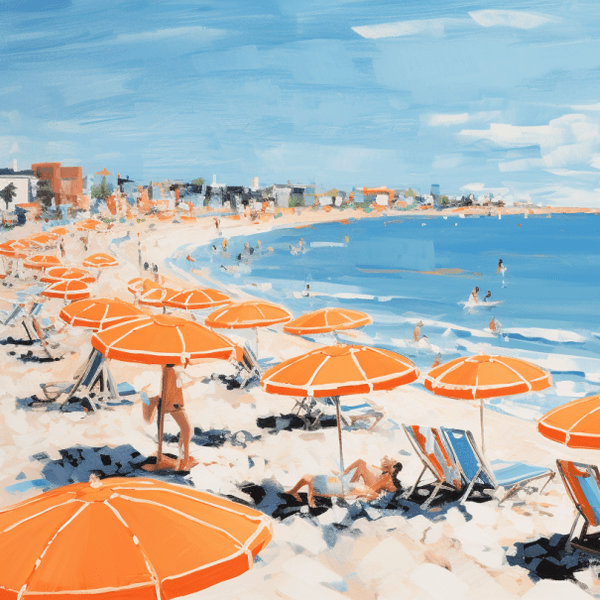 Illustration: Strandliegen und Sonnenschirme an einem italienischen Strand