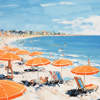 Illustration: Strandliegen und Sonnenschirme an einem italienischen Strand