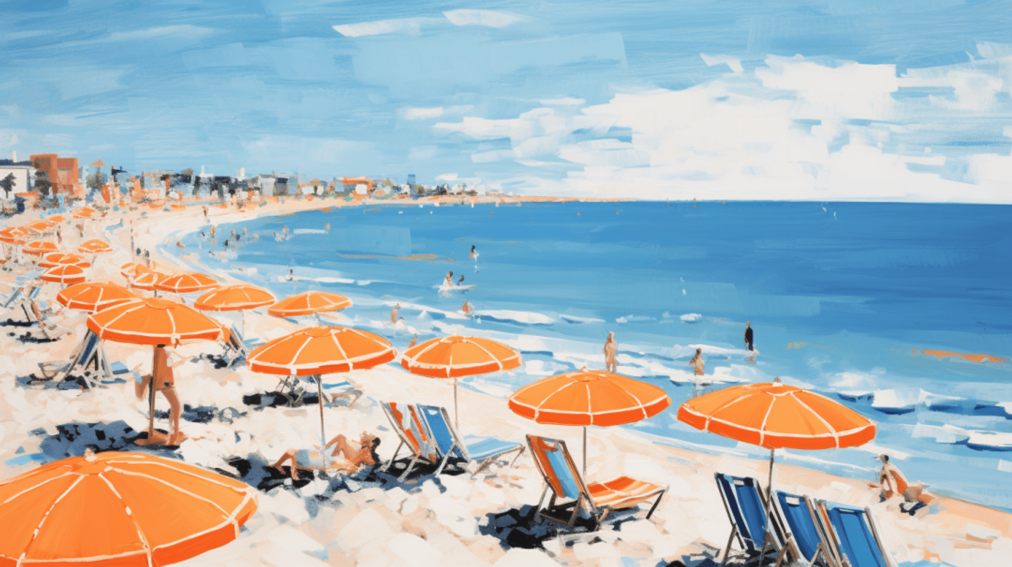 Illustration: Strandliegen und Sonnenschirme an einem italienischen Strand