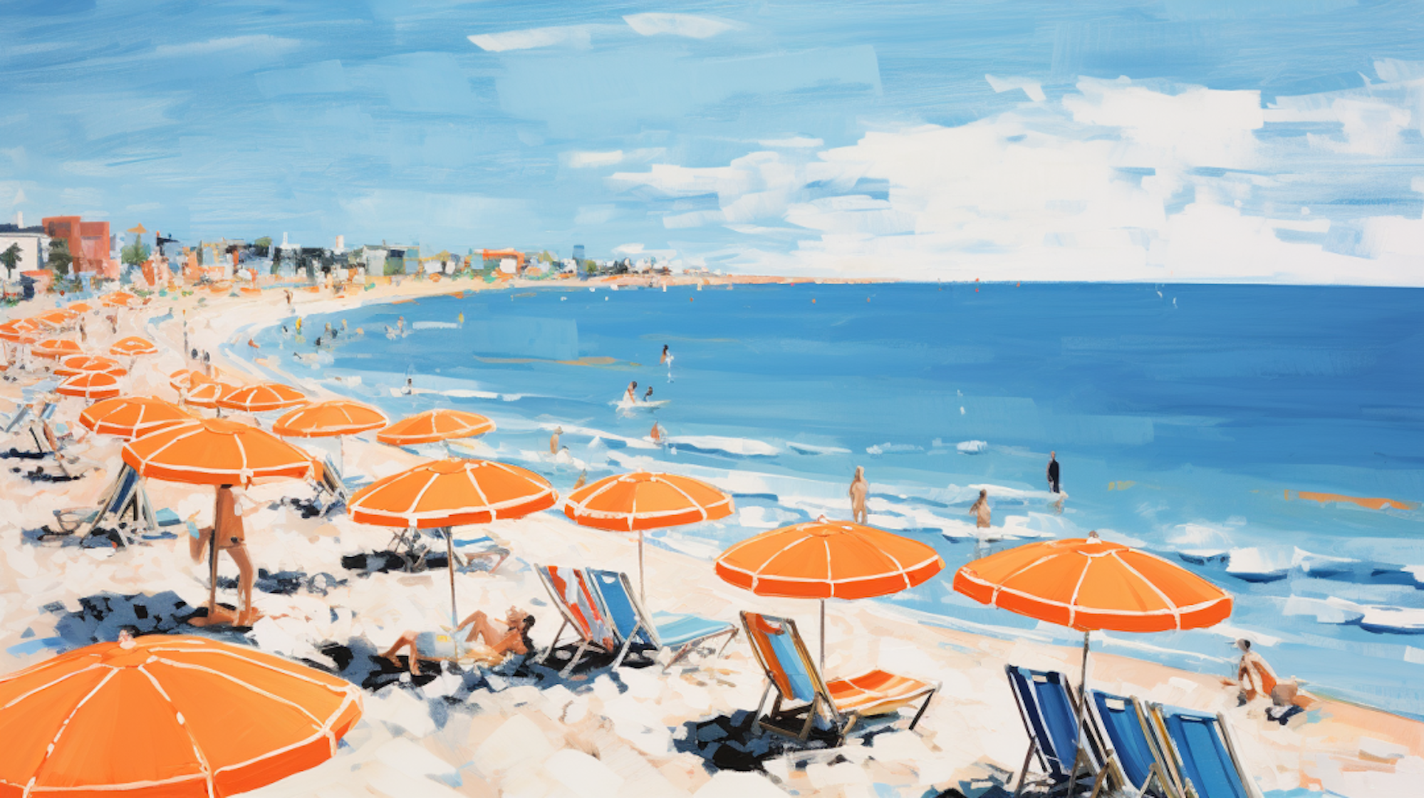 Illustration: Strandliegen und Sonnenschirme an einem italienischen Strand