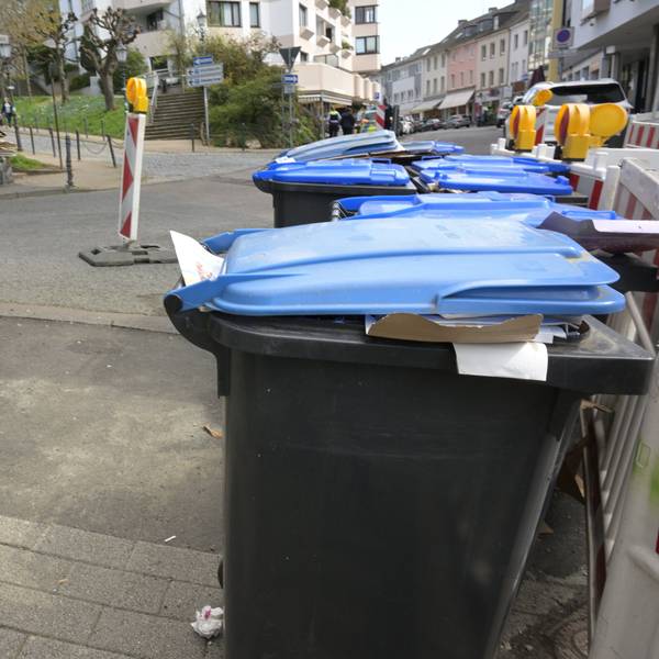 Mehrere blaue Papiertonnen stehen mitten auf der Straße.