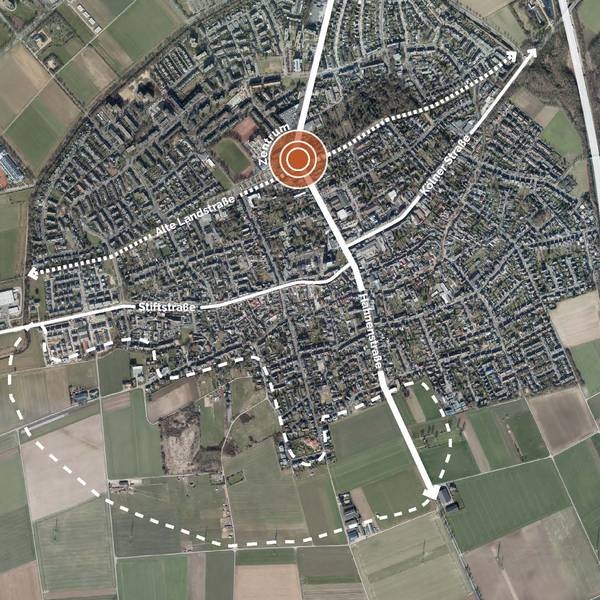 Ein Luftbild mit Straßenverläufen und dem eingezeichneten Neubaugebiet.