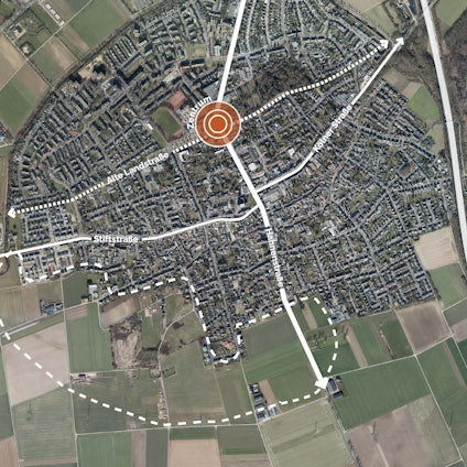 Ein Luftbild mit Straßenverläufen und dem eingezeichneten Neubaugebiet.