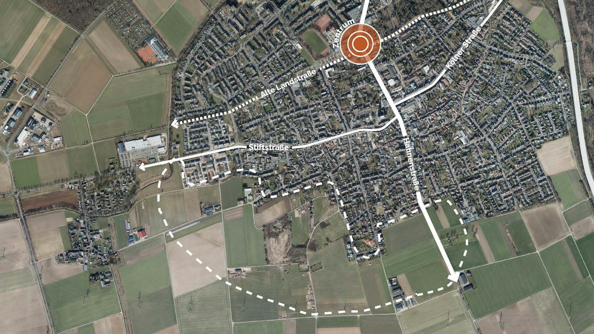 Ein Luftbild mit Straßenverläufen und dem eingezeichneten Neubaugebiet.