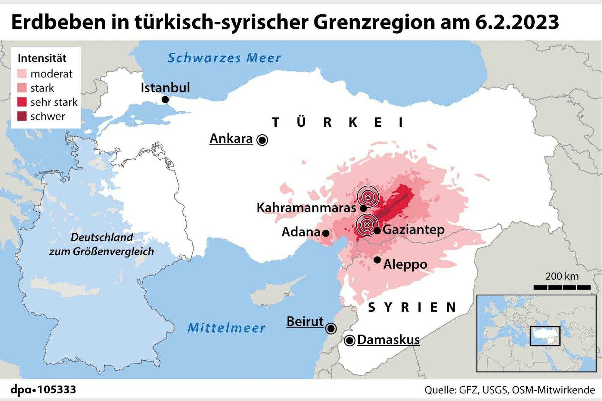 Grafik zum Ausmaß des Erdbebens in der Türkei und Syrien im Februar 2023.