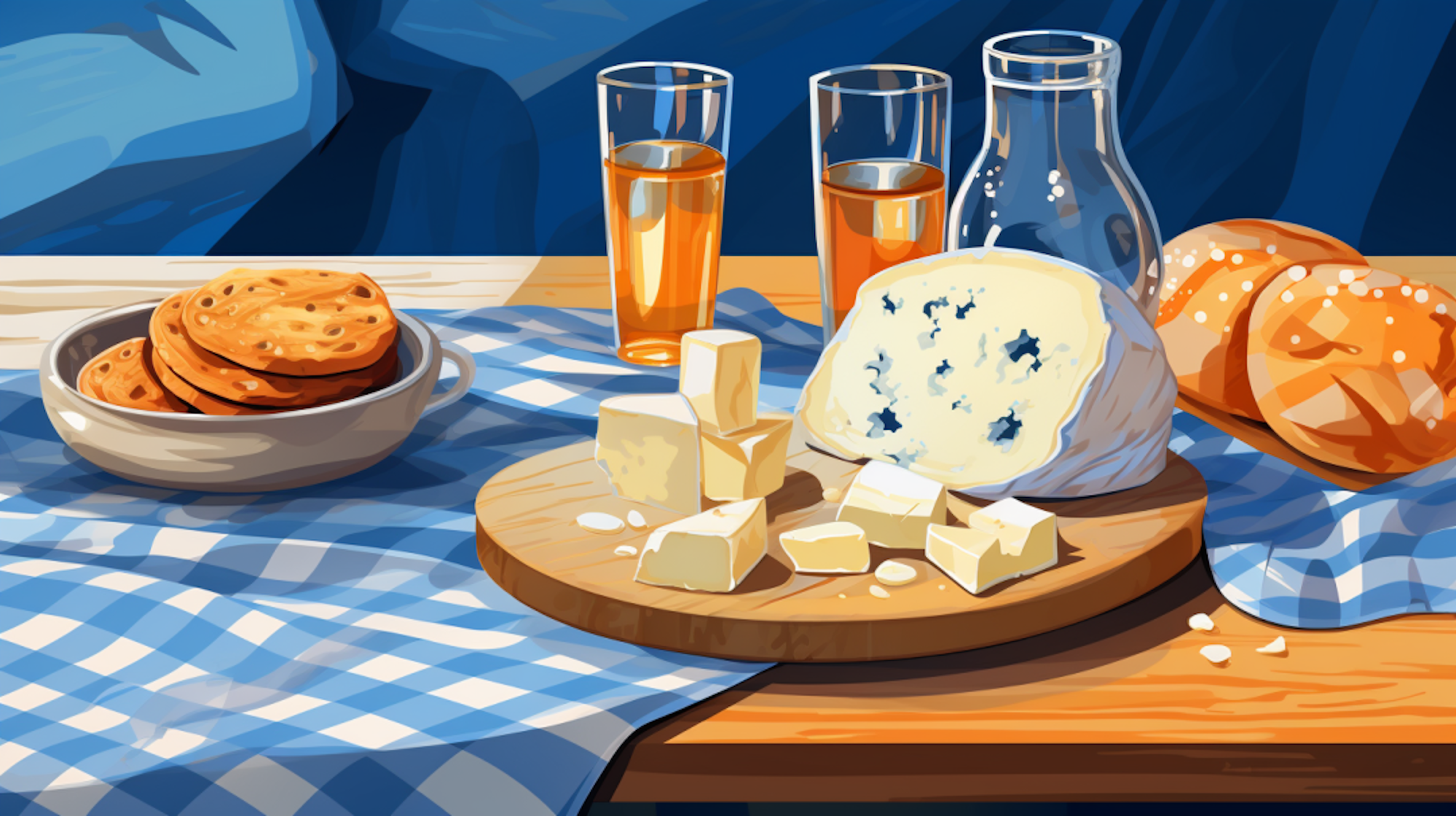 Illustration: Käse und Salzgebäck auf einer Tischdecke mit blau-weißem Karomuster