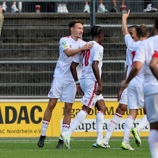 1. FC Köln Amateure (U21) vs. 1. FC Bocholt, Regionalliga West, Saison 2023/24, Jubel nach dem Tor zum 1:0 durch Pierre Nadjombe (1. FC Köln), 12.08.2023, Bild: Herbert Bucco
