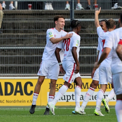 1. FC Köln Amateure (U21) vs. 1. FC Bocholt, Regionalliga West, Saison 2023/24, Jubel nach dem Tor zum 1:0 durch Pierre Nadjombe (1. FC Köln), 12.08.2023, Bild: Herbert Bucco