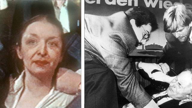 Attentäterin Adelheid Streidel bei ihrer Festnahme nach dem Attentat auf Oskar Lafontaine (r.), der nach dem Anschlag im April 1990 mit einer Stichwunde im Hals zu Boden gestürzt ist. Zwei Ordner versuchen zu helfen