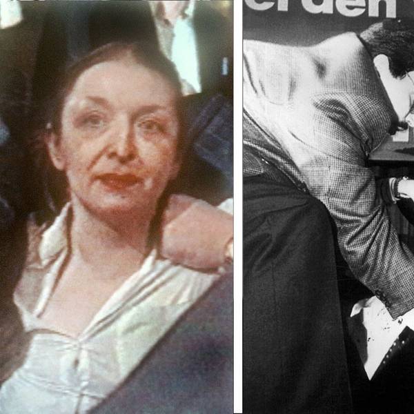 Attentäterin Adelheid Streidel bei ihrer Festnahme nach dem Attentat auf Oskar Lafontaine (r.), der nach dem Anschlag im April 1990 mit einer Stichwunde im Hals zu Boden gestürzt ist. Zwei Ordner versuchen zu helfen