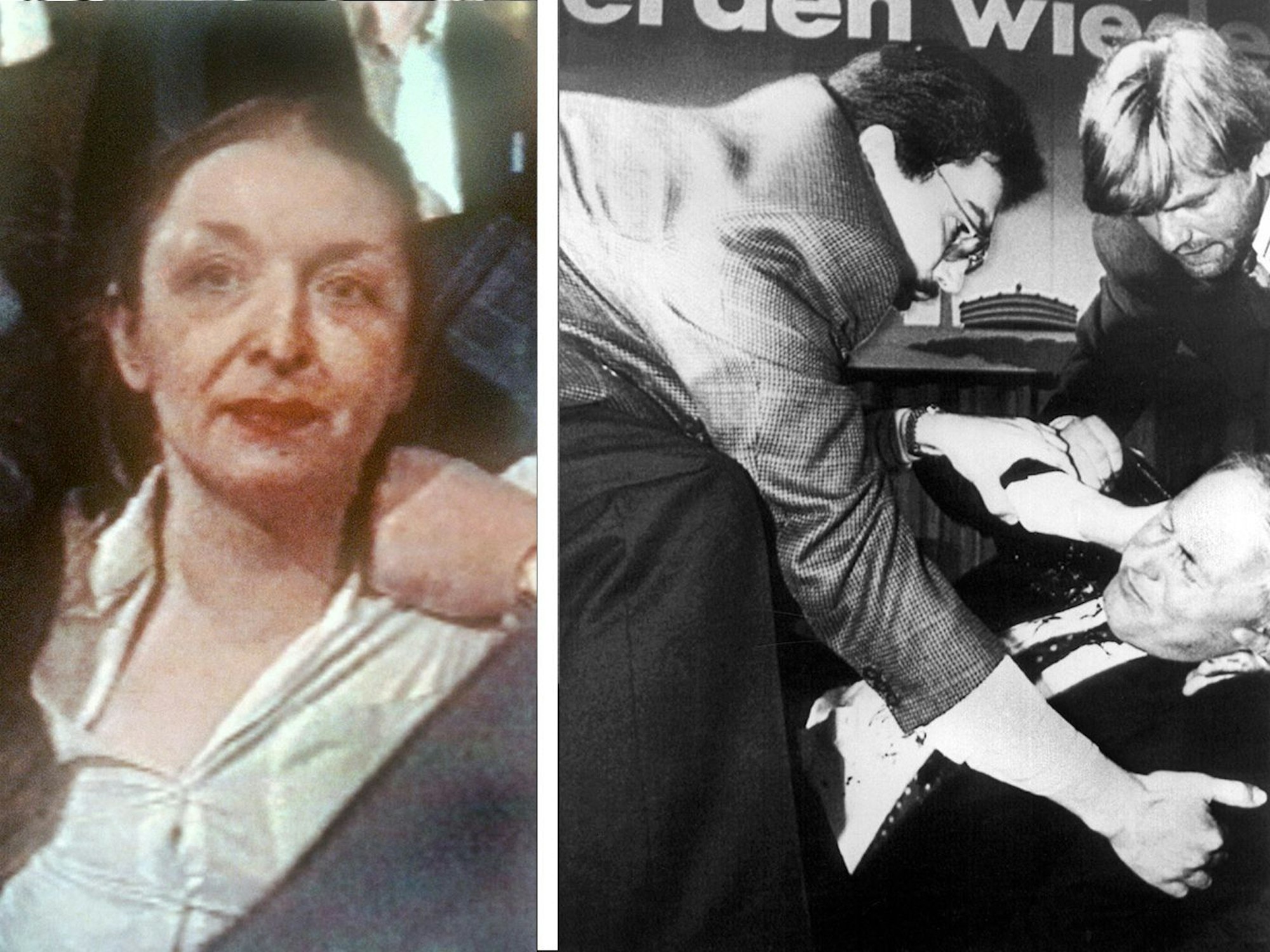 Attentäterin Adelheid Streidel bei ihrer Festnahme nach dem Attentat auf Oskar Lafontaine (r.), der nach dem Anschlag im April 1990 mit einer Stichwunde im Hals zu Boden gestürzt ist. Zwei Ordner versuchen zu helfen
