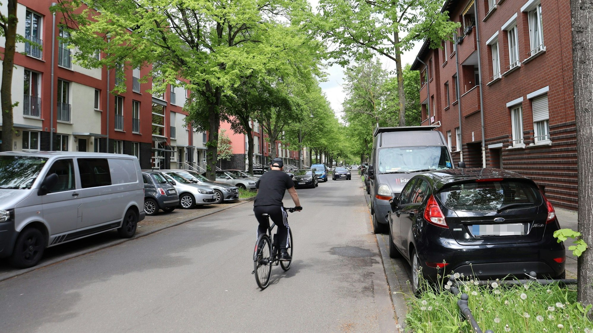 Ein Fahrradfahrer fährt zwischen Autos her.