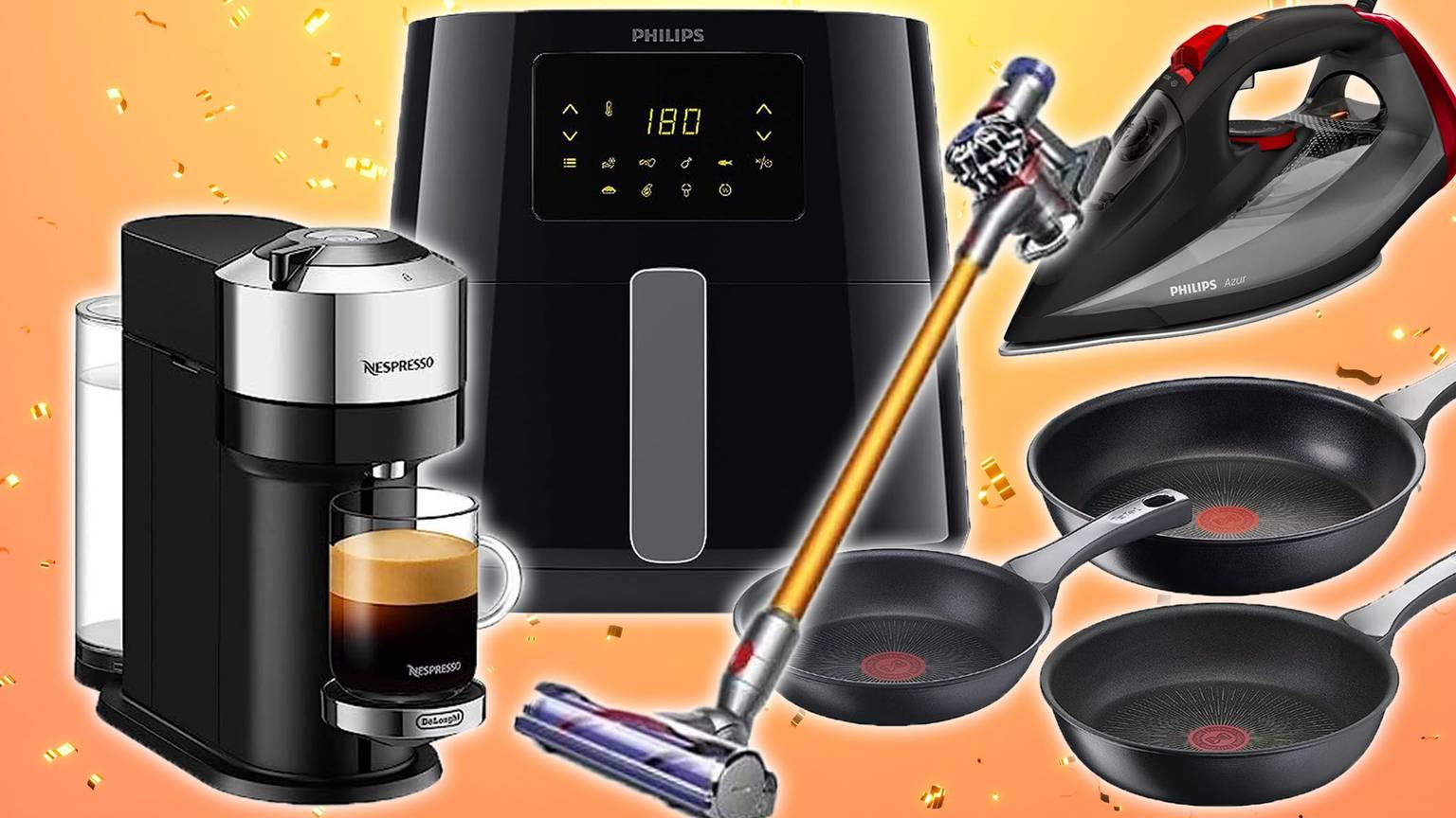 Philips Airfryer, Philips Dampfbügeleisen, Tefal Pfannen, Dyson Staubsauger und De'Longhi Kaffeemaschine.