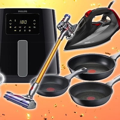 Philips Airfryer, Philips Dampfbügeleisen, Tefal Pfannen, Dyson Staubsauger und De'Longhi Kaffeemaschine.