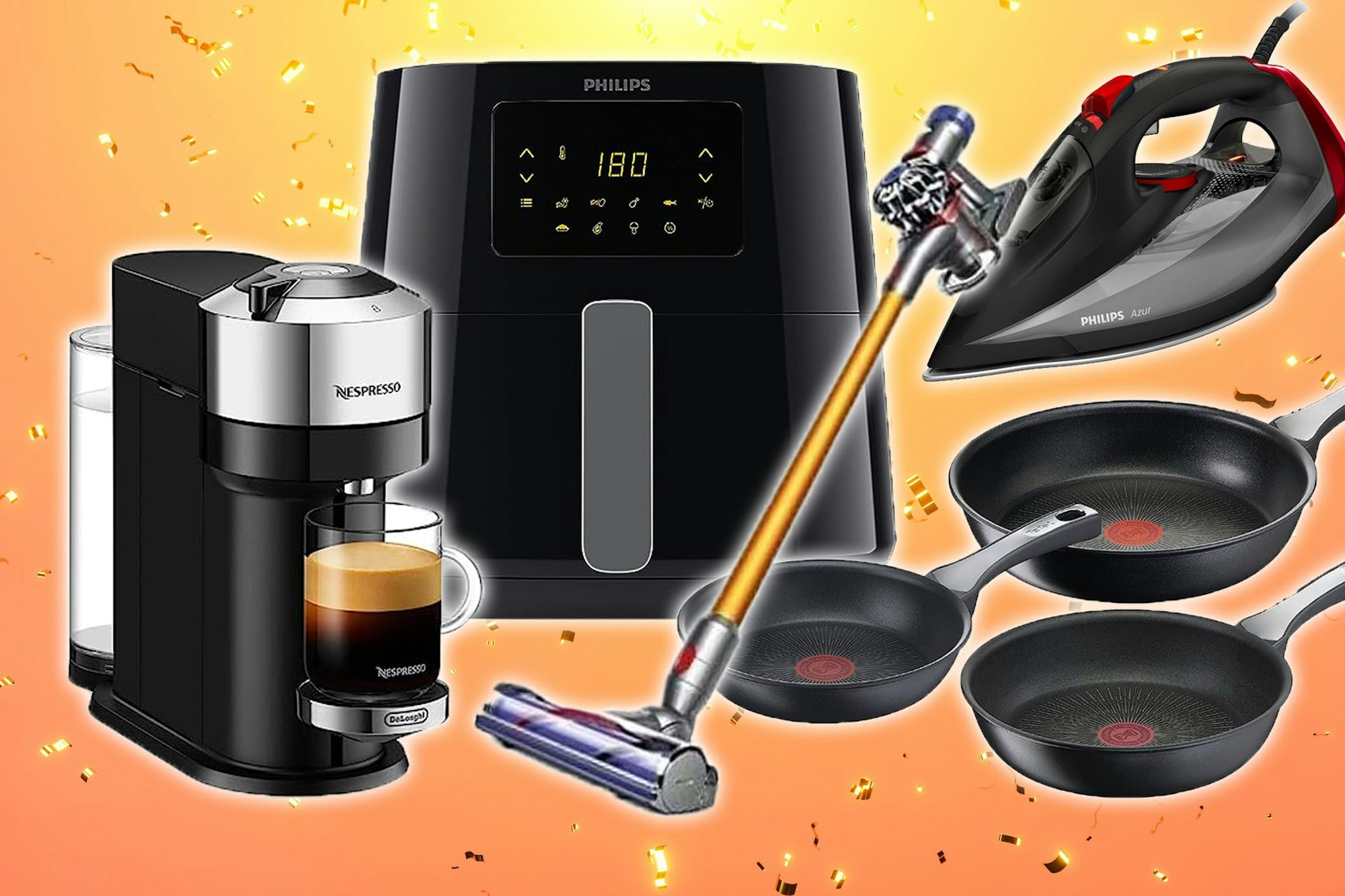 Philips Airfryer, Philips Dampfbügeleisen, Tefal Pfannen, Dyson Staubsauger und De'Longhi Kaffeemaschine.