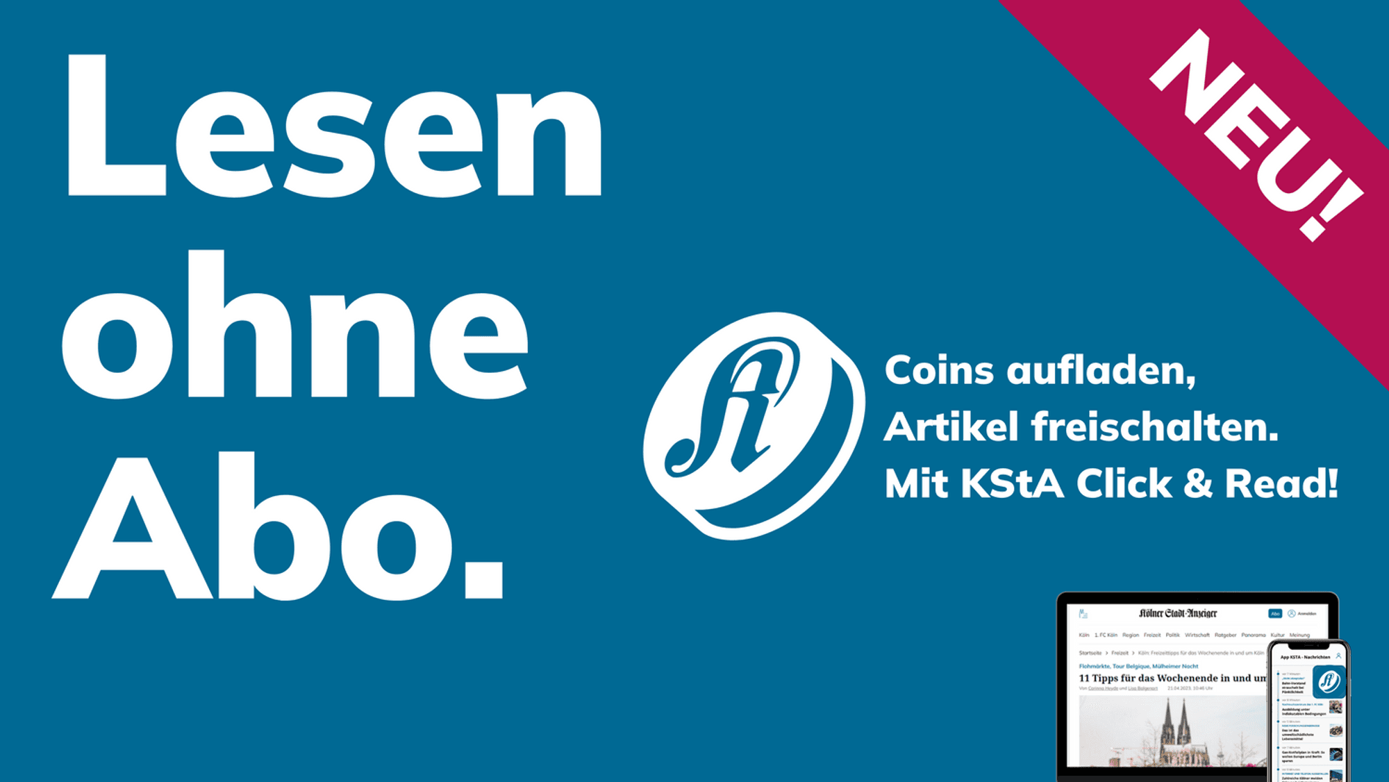Die Website ksta.de ist auf einem Laptop geöffnet. Darüber steht „KStA PLUS Click & Read“.