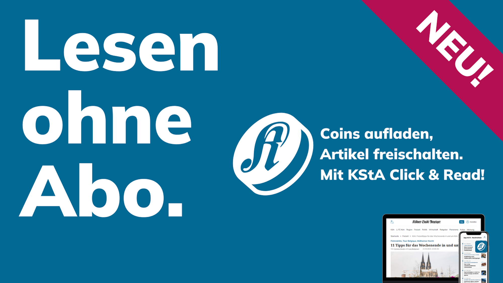 Die Website ksta.de ist auf einem Laptop geöffnet. Darüber steht „KStA PLUS Click & Read“.