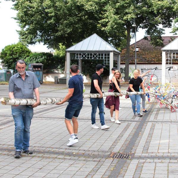 Der Maibaum als er niedergelegt wurde. Vorne links Hans Burgwinkel