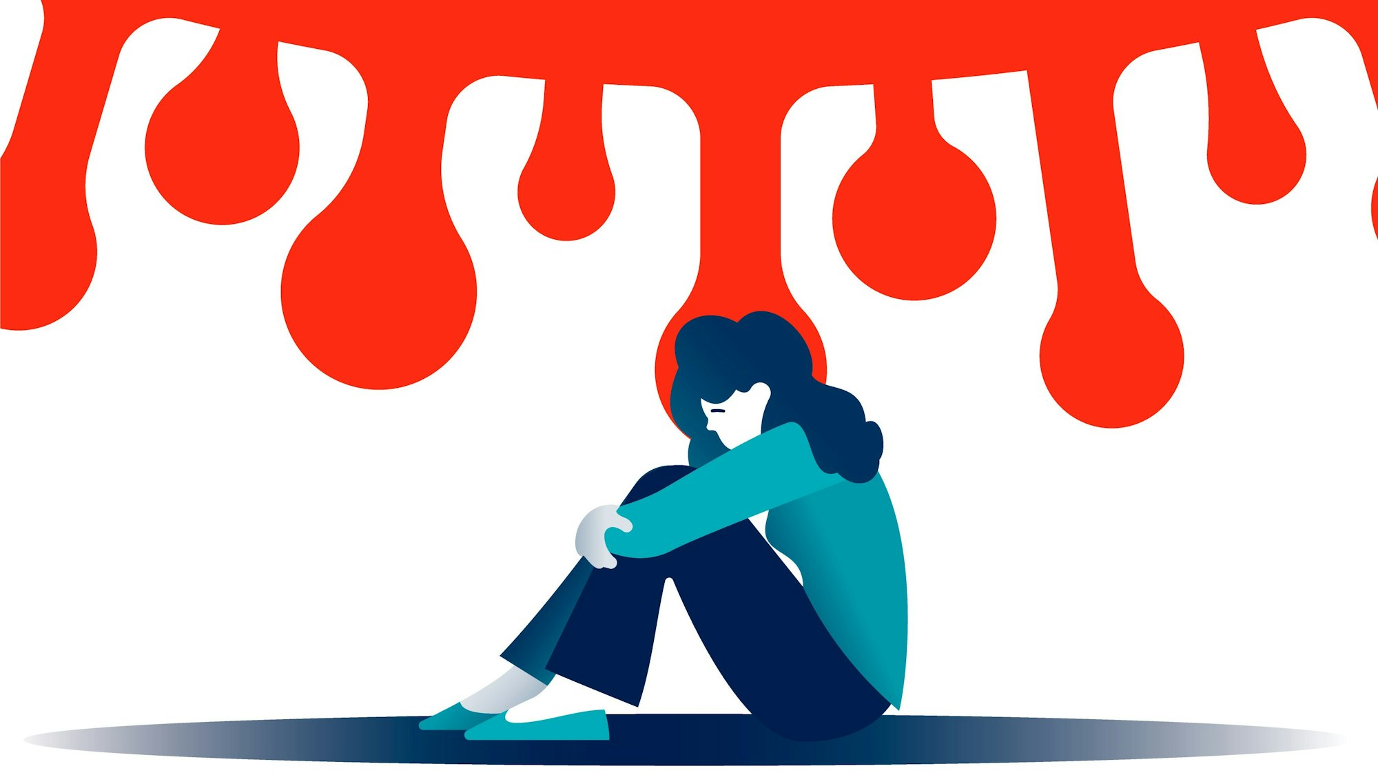 Einsame und traurige Frau sitzt auf dem Boden, über ihr prangt ein Covid-Virus.