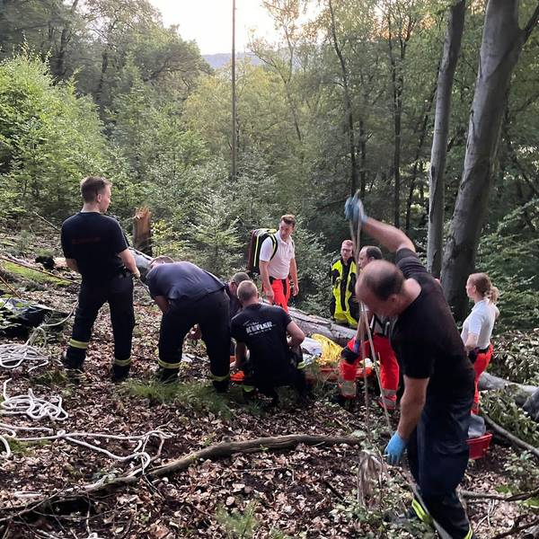 Feuerwehrleute im Einsatz an einem Hang.