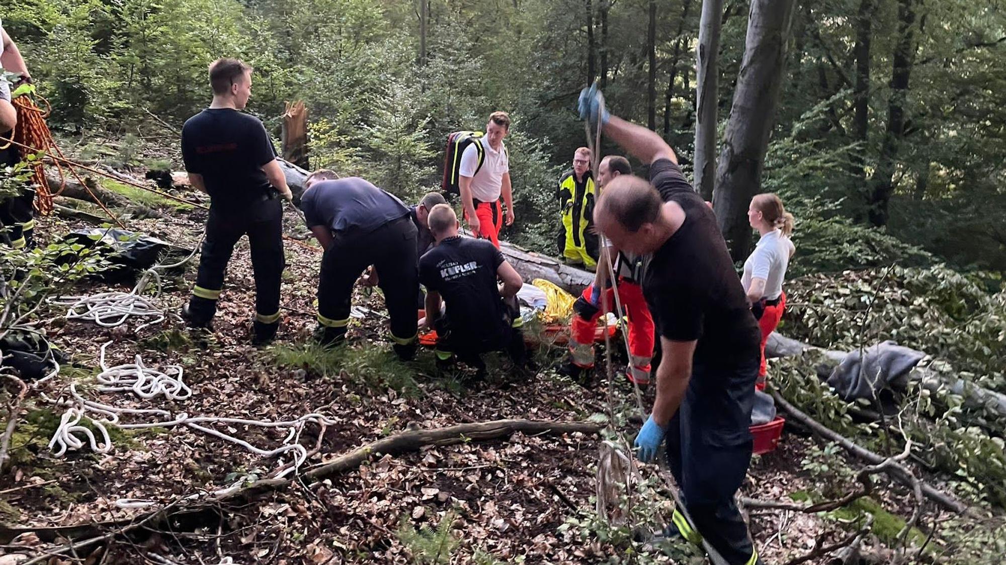 Feuerwehrleute im Einsatz an einem Hang.