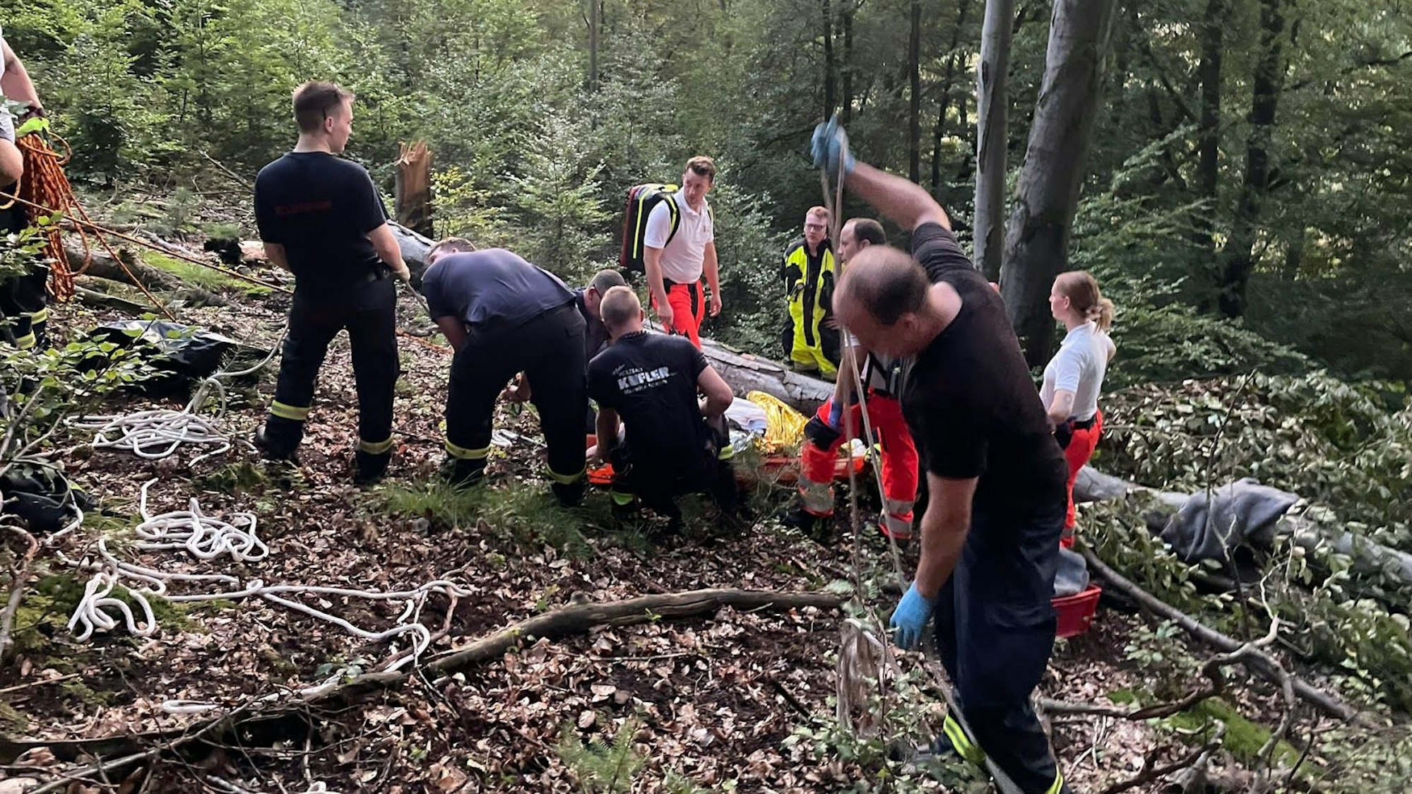 Feuerwehrleute im Einsatz an einem Hang.