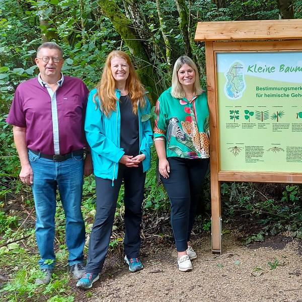 Drei Männer und drei Frauen stehen in Freizeitkleidung im Wald an einem Informationsschild, auf dem „Kleine Baumkunde“ steht. Im Hintergrund sind Bäume und Blätter zu erkennen.